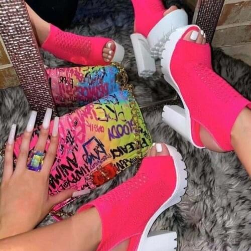 2021 Fashion Black Ankle Boots for Women Thick Heels Spring Autumn Flock Platform Shoes High Heels Black Zipper Ladies Boots