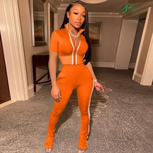 2021 womens tracksuit sportswear bandage crop top and high waist long trouser casual summer female contrast color 2 piece set