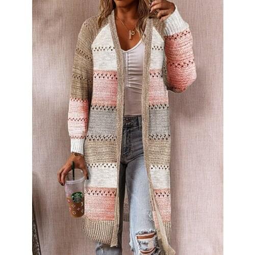 Cardigan Sweater Womens Autumn And Winter New Style Color Stripes V-neck Cardigan Jacket Casual Knitted Long Loose Winter