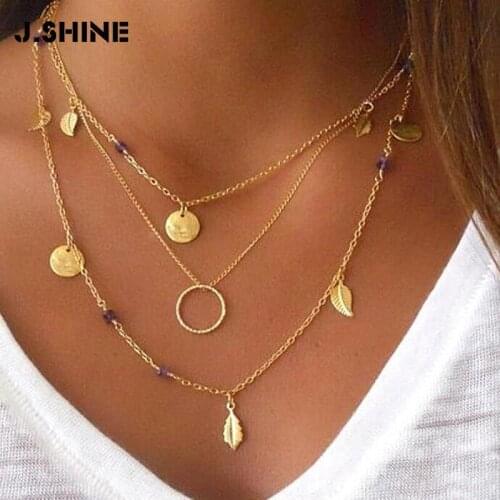 JShine Bohemian Hollow Circle Sequins Leaf Pendants Necklaces for Women Multi Layer Gold Color Chain Necklace Fashion Jewelry