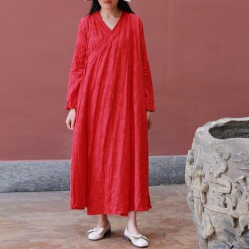 Johnature Women Bandage Vintage Dresses V-Neck Long Sleeve Robes Jacquard Chinese Style Fall Dresses 2021 New Cotton Linen Dress