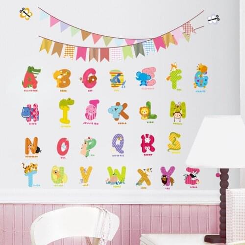 Animal characters letters wall sticker flag nursery kids room birthday decoration english wall decals alphabet logo stickers