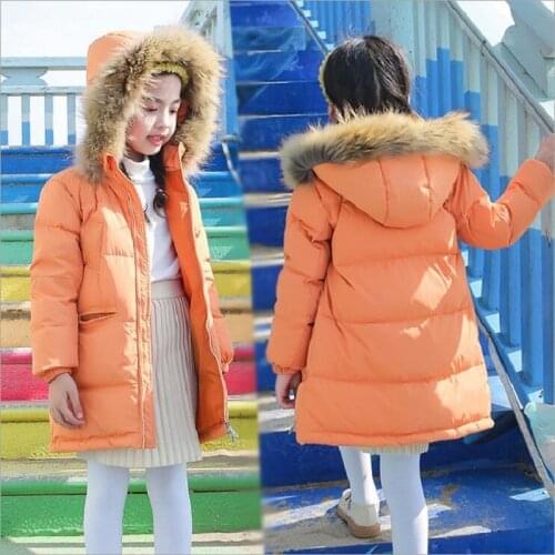 3 To11Years Old Winter Fur Collar Down Coat For Childrens Jacket Hooded Baby Girls Solid Long Thicken Down Jacket For Girls