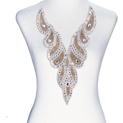 1piece V Neck Collar Design Hot Fix Transfer Rhinestones Beads Crystal Applique for Women Weding Dress Sewing Supplies T2395