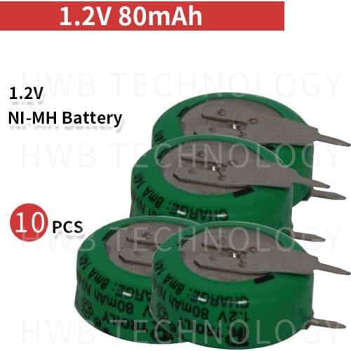 10 pcs/lot 1.2v 80mAh NI-MH rechargeable battery button cell coin cell battery pack Free shipping