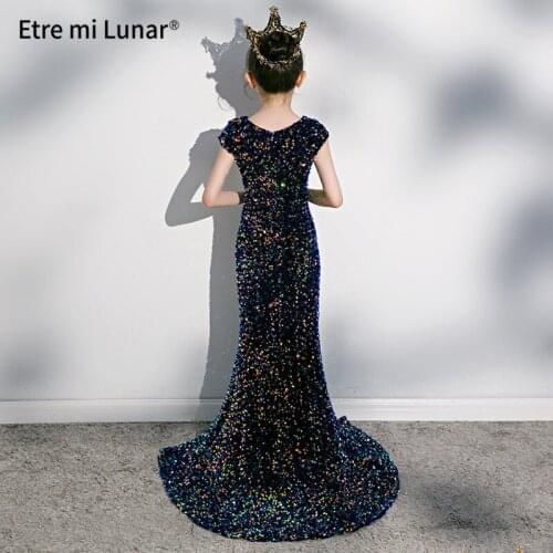 2021 Dubai Luxury Blue Sequins Sparkle Girls Evening Dresses 2020 V-neck Mermaid With Train Girls Dress Robe de soiree ET0407