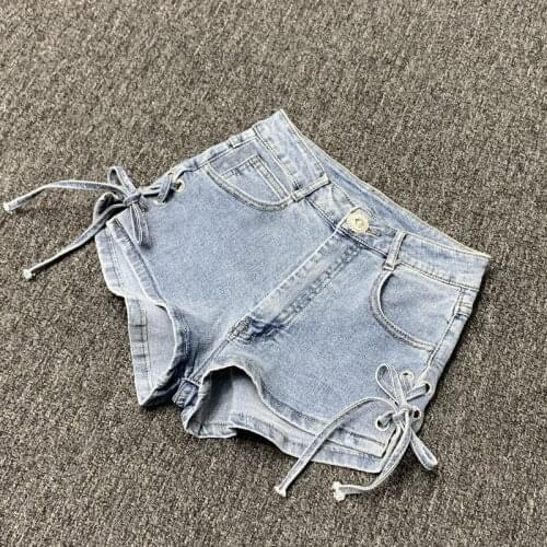 2021 summer fashion lace up denim shorts women high waist wide leg jeans shorts