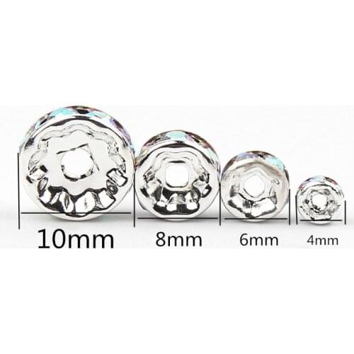 50pcs Rhinestone Rondelles Crystal Bead 4/6/8/10mm Silver-Plated AB Color Metal Ring For Jewelry Making Accessories DIY Supplie