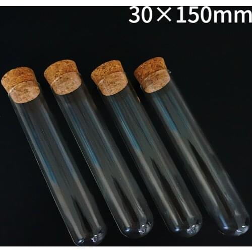 Free shipping 5pcs/lot 30x150mm Transparent Glass Round Bottom Test Tubes with Cork stopper for School/Laboratory Glassware