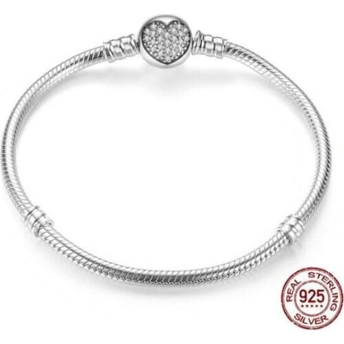 Authenetic 925 Sterling Silver Crystal Heart Clasp Snake Chain pandora Bracelets Bangle Fit Bead Charm Diy Europe Jewelry