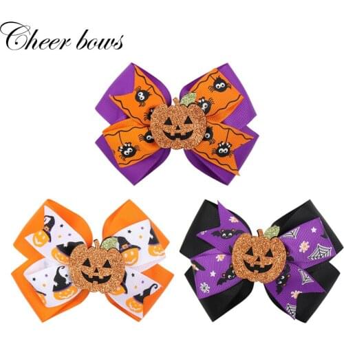 4.5" Halloween Hair Bows Kids Handmade Pumpkin Hairgrip Grosgrain Ribbon Bowknot Hair Clip Party Hair Accessories