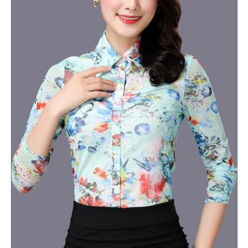 Summer Spring Fashion Casual Women Printed Floral Pattern Slim Full Sleeve Mesh Blouse Shirt , Fall Female Flower 3XL Blouses
