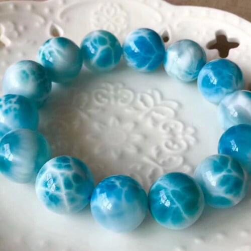 Genuine Natural Blue Ice Larimar Ice Gems Big Round Beads Healing Stone Water Pattern Women Man Bracelet 17mm AAAAA Certificate