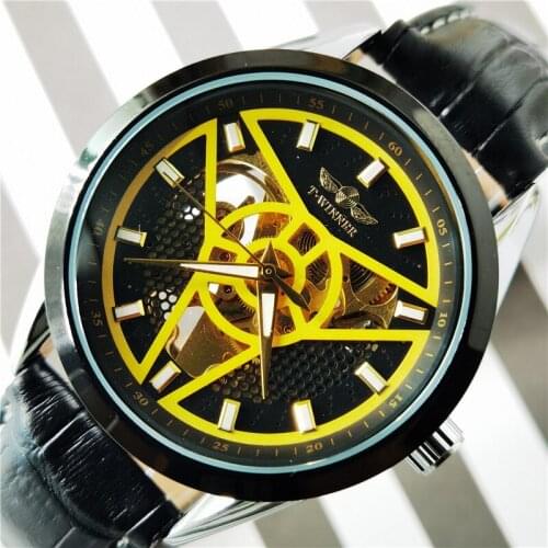 Winner 2020 Brand Automatic Mechanical Watch For Men Sport Creative Wheel Design Clock Golden Skeleton Punk Leather WristWatches