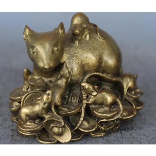 China Pure Brass Copper Zodiac Wealth Money Yuanbao Mice Mouse Rat Family Statue