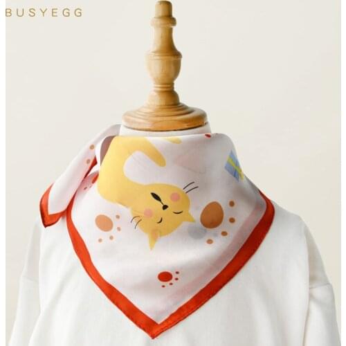 Cartoon yellow cat natural silk kids scarves fashion hair hijabs scarf for girls boys headscarf foulard hijab scarfs ladies warp