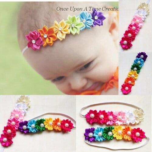 Hot Sale Candy Color Six Flower Baby Headband Girls Headwear children Hair Accessories satin flower with pearl min order $3