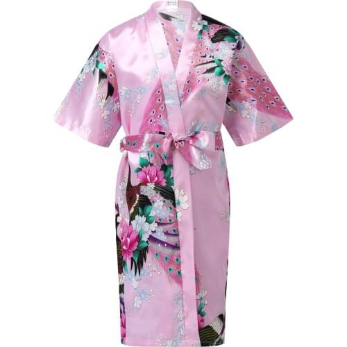 Kids Robe Children Satin Kimono Bath Robes Bridesmaid Flower Girl Dress Silk Bathrobe Nightgown Peacock Robe for Birthday Party