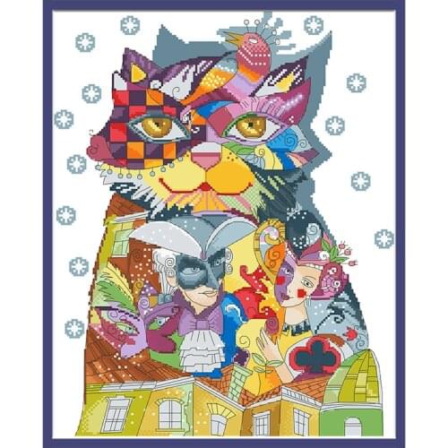 Art Cat Cross Stitch Patterns Kits Printed Fabric Embroidery Sets Animal Needlework Package 11CT 14CT Canvas Painting Home Decor