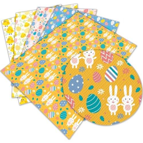 Easter Theme Printed Faux Leather Fabric Sheet Bunny Egg Spring Floral Leaves 22x30 cm for DIY Earrings Hair Bows Crafts