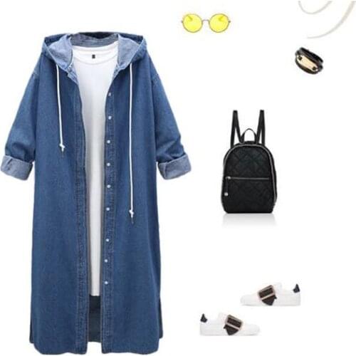 Femael Fashion Loose Long Sleeve Hooded Denim Jacket Coat Ladies Casual Buttons Long Jean Coat Cardigan Outwear Tops