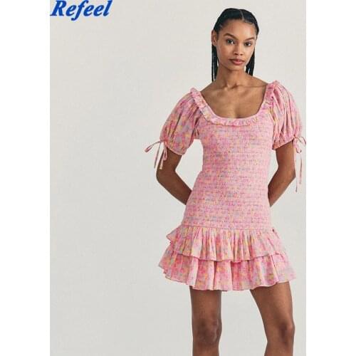 Fashion summer dress beige short sleeve ruffles slim holiday ins bloggers special interest mini dress femme vestidos