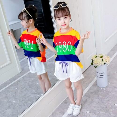 Clothes for Kids 2021 Summer New Baby Girl Rainbow Striped Short Sleeve Top + White Shorts Cute Boutique Princess Two Piece Set