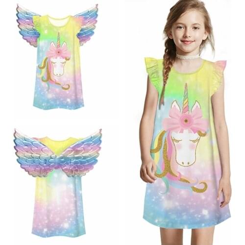 Girls Unicorn Outfit Dress Costume Polyester Princess With Wings Summer Casual Kids Sleeveless Clothes Cute Outfit