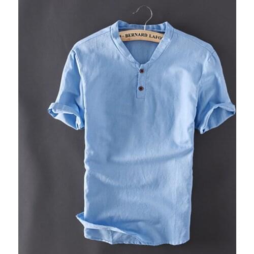 Mens Pullover Cotton Linen Shirts Short Sleeve Summer Breathable Men Quality Casual Shirts Slim fit Solid Fashion T Shirts