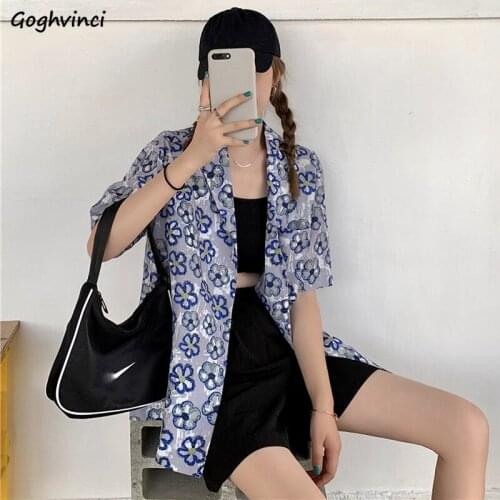 Shirt Women Summer Short Sleeve Loose Female Casual Tops Unisex Floral College Chic Turn-down Collar Buttons Vintage Streetwear