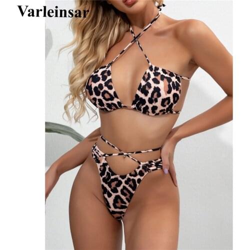Sexy Leopard Bikini Female Swimsuit Women Swimwear Two-pieces Bikini set Wrap Around Halter Bather Bathing Suit Swim Lady V2394