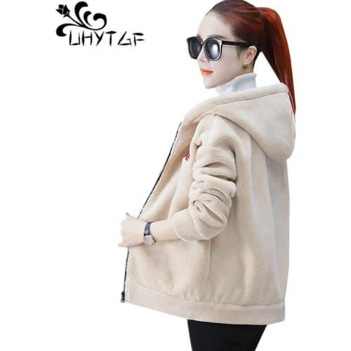 UHYTGF sweatshirts for women fashion hooded plus velvet warm spring autumn jacket solid color Casual plus size tops outerwear969