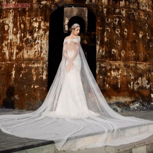 TOPQUEEN G36 3M Long Train Bridal Shawl Sexy Reverse Decoration Cloak Lace Embroidery for Reverse Wedding Dress Elegant Veil