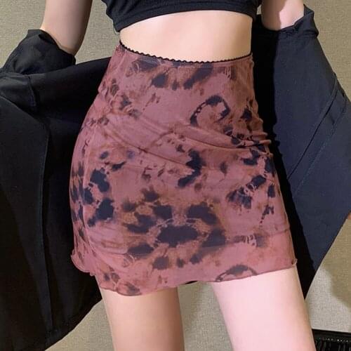 Vintage Elegant Goth High Waist Tie Dye Mesh Mini Skirts 2021 Summer Women Ruffles A-line Skirts Double Layer Skinny Short Skirt