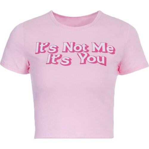 Women Short Sleeve Slim T-Shirt Its Not Me Its You Letters Pink Kawaii Crop Top F42F