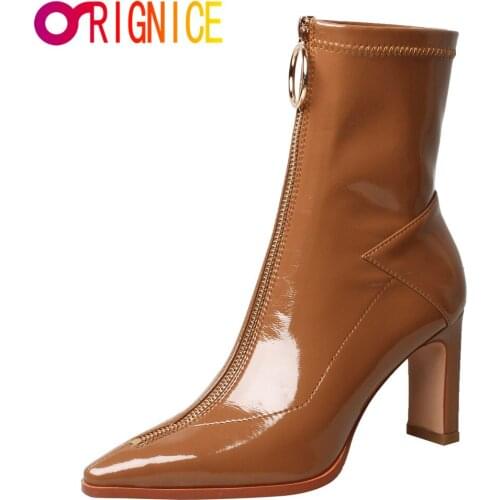 Orignice New Autumn Women Patent Leather Ankle Boots Pointed Toe Front Zipper Design Fashion Thick High Heels Sexy Party Shoes