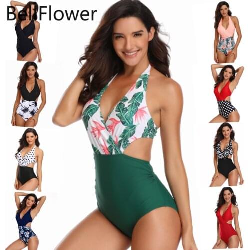 Sexy Striped Swimsuit Womens 2021 Halter Print Multicolor Wrap Belly Bandage Show Back One Piece Beach Brazilian Bikini Cheap