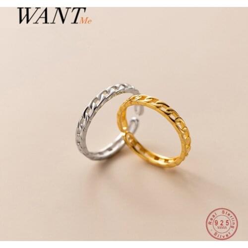 WANTME Real 925 Sterling Silver Minimalist Cuban Link Chain Finger Adjustable Ring for Women Punk Goth Rock Jewelry Accessories