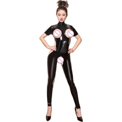 Woman Role Play Sex Appeal Shiny PVC Bodysuit Body Sexy Hot Erotic Open Crotch Jumpsuit Hollow Out Wetlook Faux Leather Bodycon