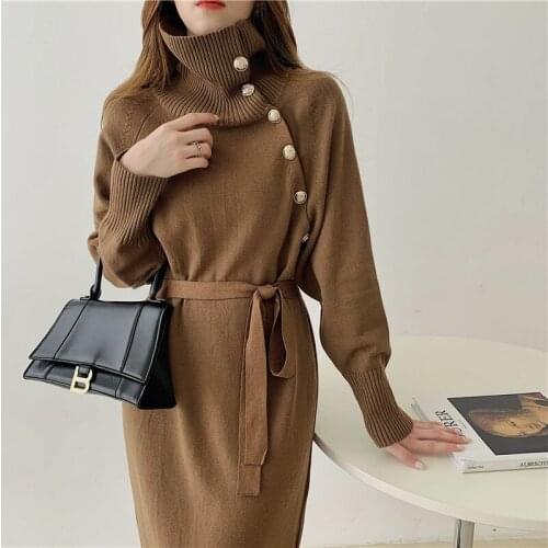 2021 Winter Women Kintted Turtleneck Sweater Midi Dresses Casual Belted Slim Long Sleeve Knitting Dress