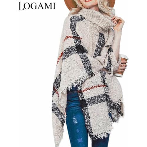 LOGAMI Poncho Style Coat Autumn Winter Poncho Knitting Turtleneck Women Long Ponchos And Capes Sweater Pullovers Pull Femme