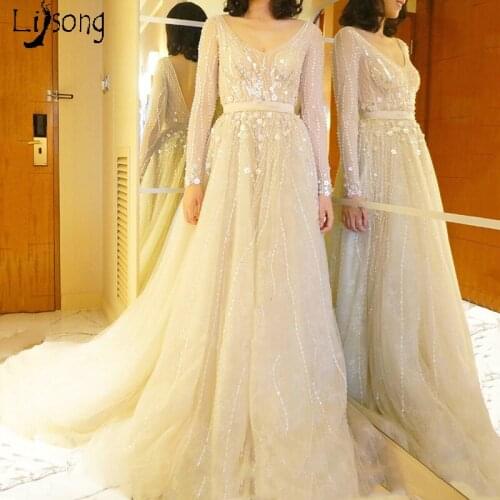 Beige Beading Sequin Empire Long Sleeves Evening Formal Dress Custom Made Gorgeous Womens Formal Maxi Gowns Vestidos de noiva