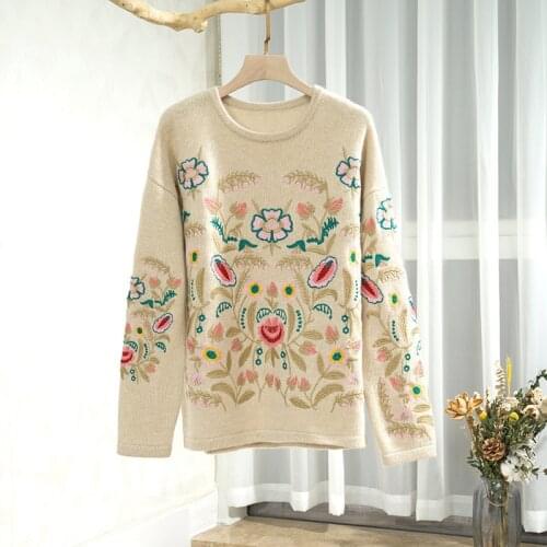 Winter new styles 100% cashmere embroidery sweaters europe fashion crew neck chic knitwear natalia long sleeve luxury jumper top
