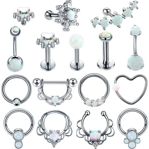1PC Steel Opal Ear Cartilage Tragus Daith Helix Clicker Nose Septum Rings Lip Eyebrow Belly CBR Piercings Earrings Body Jewelry