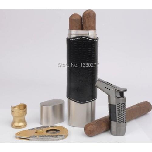 100% Original Black Lizard Pattern Calfskin cigar tube 2 fingers travel cigar case Camping cigar holder partable cigar humidor