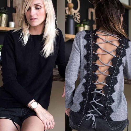 2017 Black Women T-shirt Backless Cross Strap Lace Side Sexy Clothing Solid Party Long Sleeve O Neck Shirt