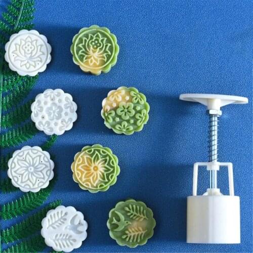 50g Mooncake Mold + 1/4 Round Stamps Cookie Cutter Hand Press Green Bean Cake Pastry Mould DIY Bakeware Mid-autumn Festival