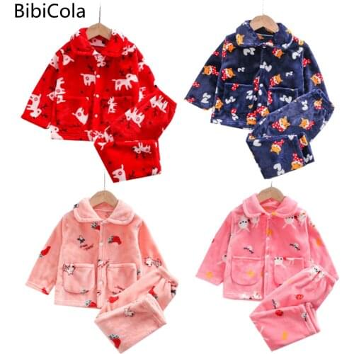 Childrens Flannel Pajamas Autumn And Winter Long-sleeved Coral Fleece Children Boys Girls Baby Thickened Home Service Suits