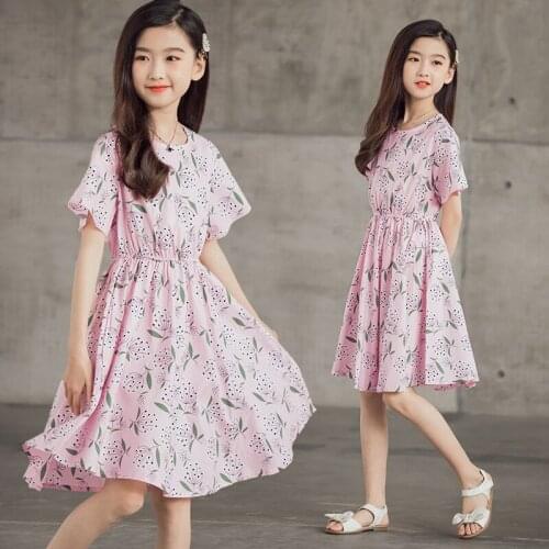 2021 Summer New Girls Round Neck Small Fresh Waist Slim Floral Dress Kids Dresses for Girls