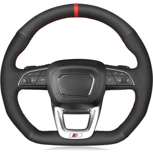 Car Steering Wheel Cover Black Genuine Leather Suede For Audi Q5 SQ5 2017-2019 Q3 2018 2019 Q8 SQ8 2018 2019 Q7 SQ7 2014-2019